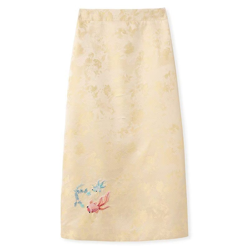 Beth and Brian Qipao-JZSZ Round Neck, Koi Fish pattern, Frog Button, Gold Satin Qipao Set