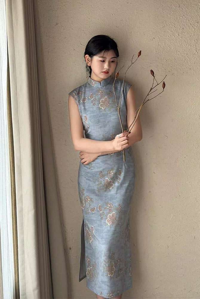 Beth and Brian Qipao-LSB Tencel linen fabric, daily blue midi Cheongsam