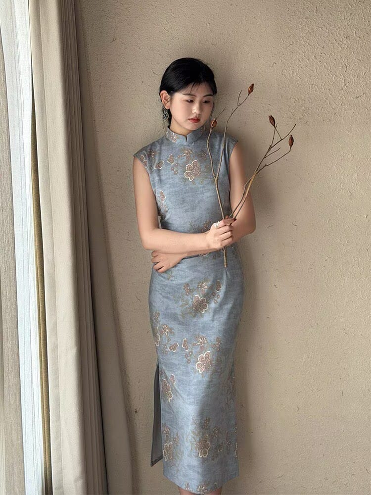 Beth and Brian Qipao-LSB Tencel linen fabric, daily blue midi Cheongsam