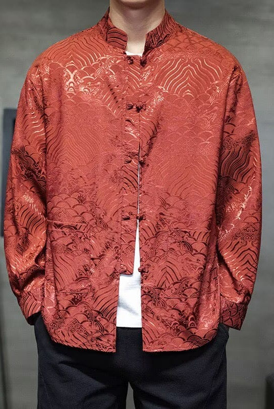 Beth and Brian Qipao-QX Men's Wave Pattern Frog Button Tang Suit Shirt