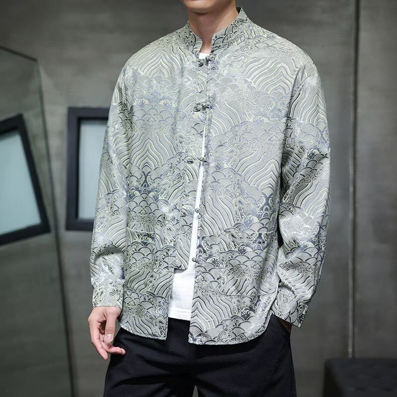 Beth and Brian Qipao-QX Men's Wave Pattern Frog Button Tang Suit Shirt