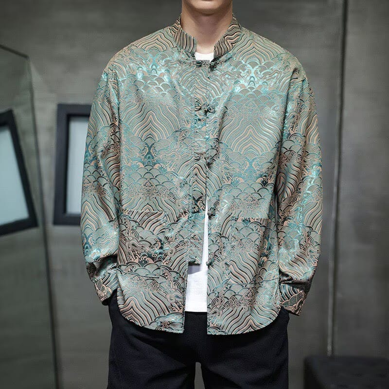 Beth and Brian Qipao-QX Men's Wave Pattern Frog Button Tang Suit Shirt