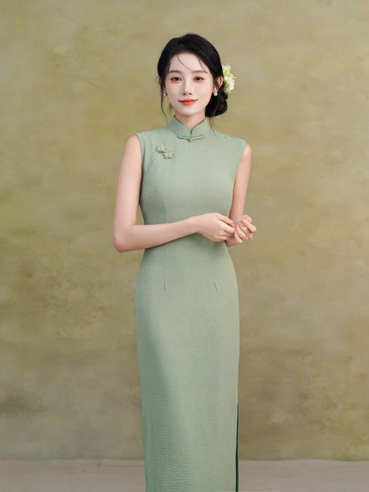 Beth and Brian Qipao-TX Sleeveless, plain pattern, silk linen midi Cheongsam