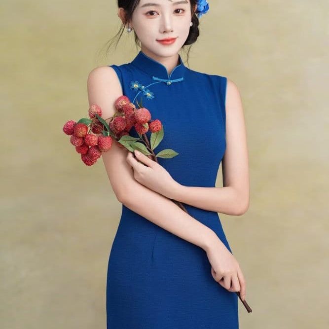 Beth and Brian Qipao-TX Sleeveless, plain pattern, silk linen midi Cheongsam