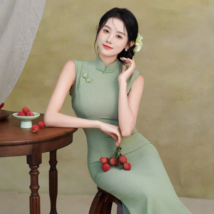 Beth and Brian Qipao-TX Sleeveless, plain pattern, silk linen midi Cheongsam
