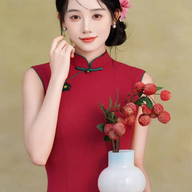 Beth and Brian Qipao-TX Sleeveless, plain pattern, silk linen midi Cheongsam