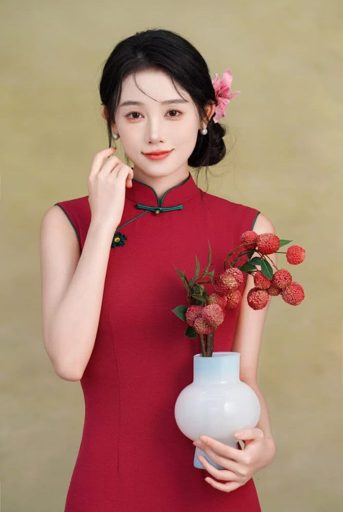 Beth and Brian Qipao-TX Sleeveless, plain pattern, silk linen midi Cheongsam