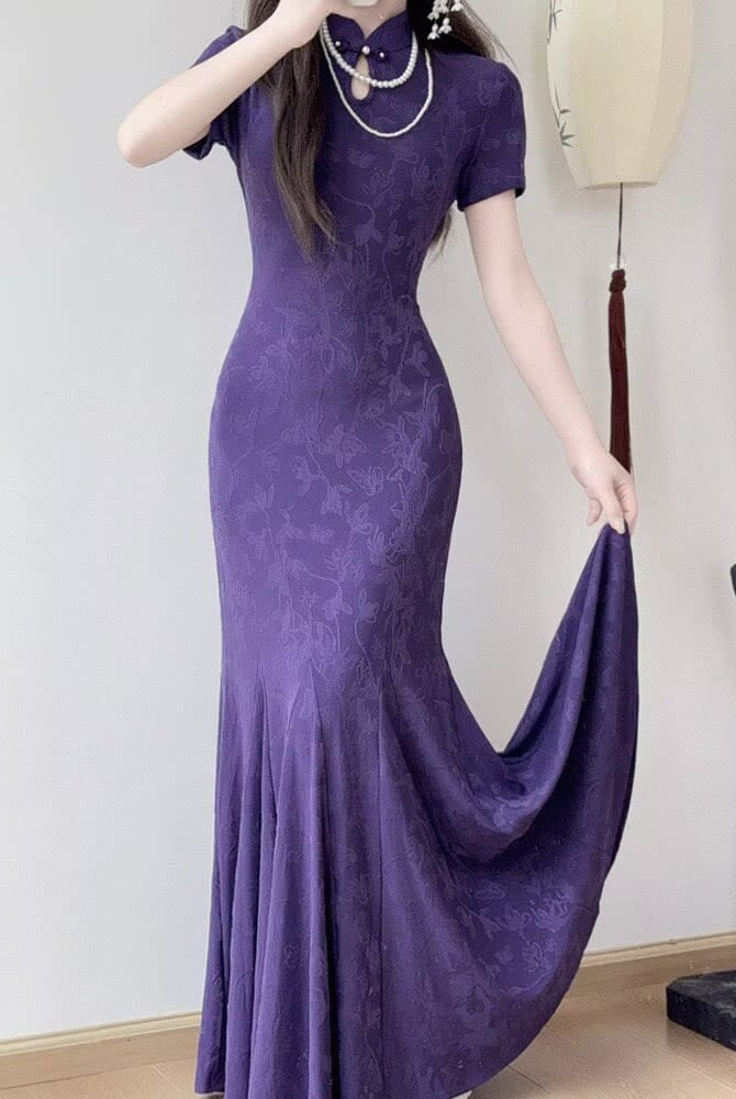 Beth and Brian Qipao-LSB Cotton fabric, butterfly mermaid long Cheongsam