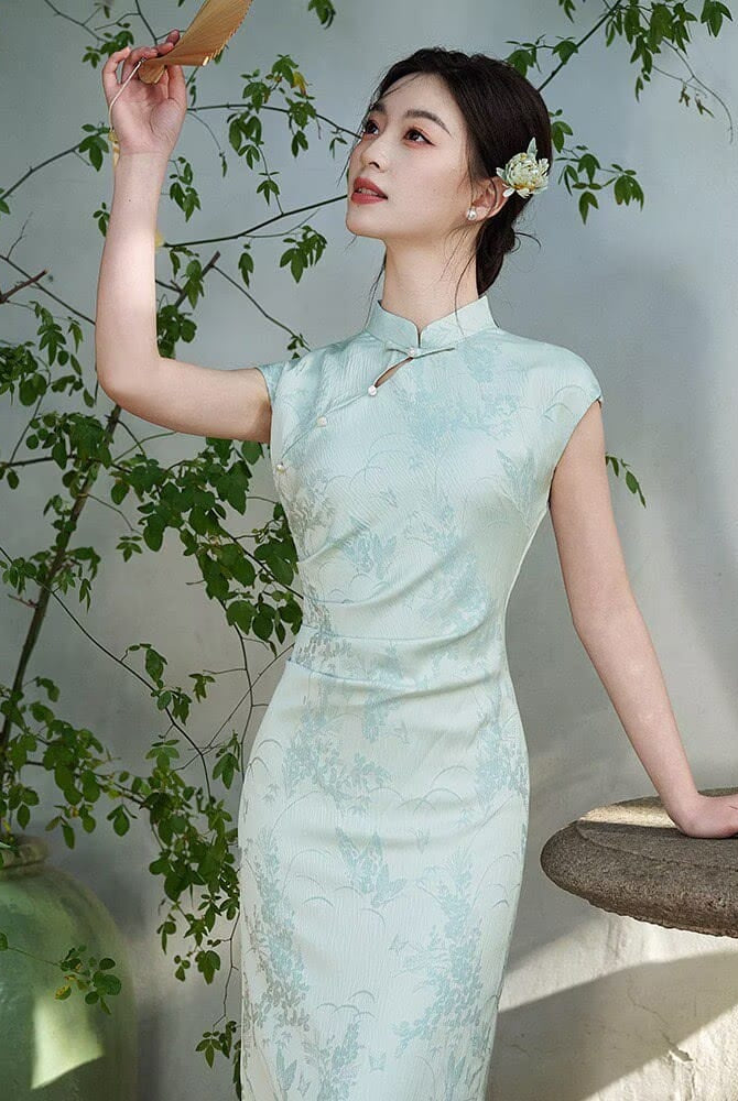 Beth and Brian Qipao-LSB Floral Pattern, Green midi Cheongsam