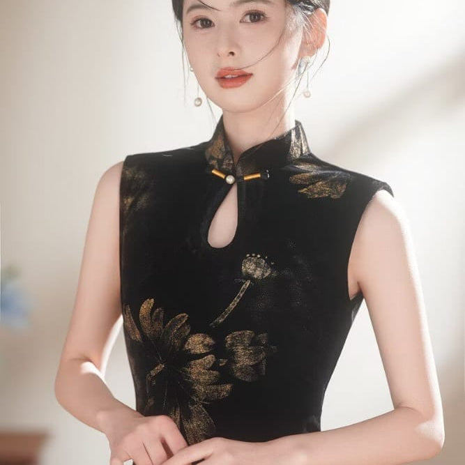 Beth and Brian Qipao-TX Lotus print, dark green&black velvet midi cheongsam