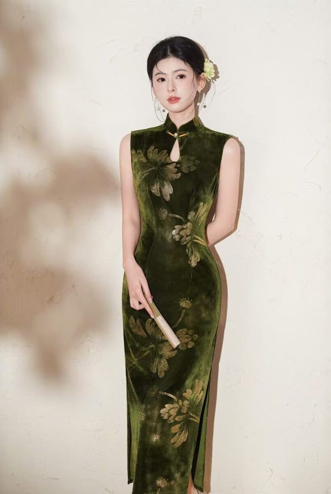 Beth and Brian Qipao-TX Lotus print, dark green&black velvet midi cheongsam