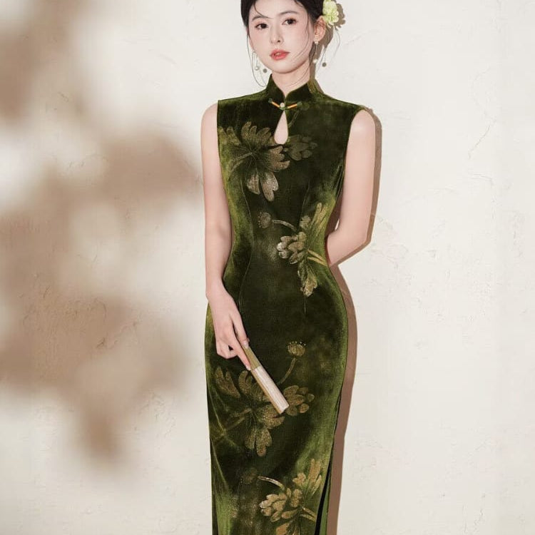 Beth and Brian Qipao-TX Lotus print, dark green&black velvet midi cheongsam