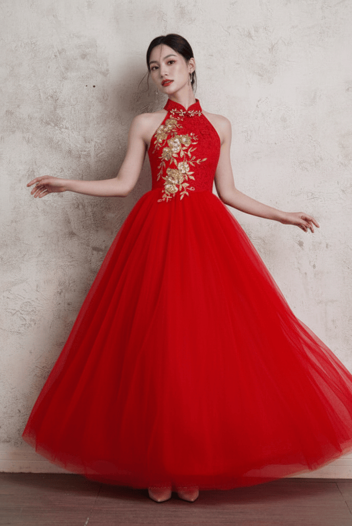 Beth and Brian Qipao - Exclusive Exclusive Designer collection, Floral Embroidery A-Line Cheongsam | Sleeveless & Halter Neckline
