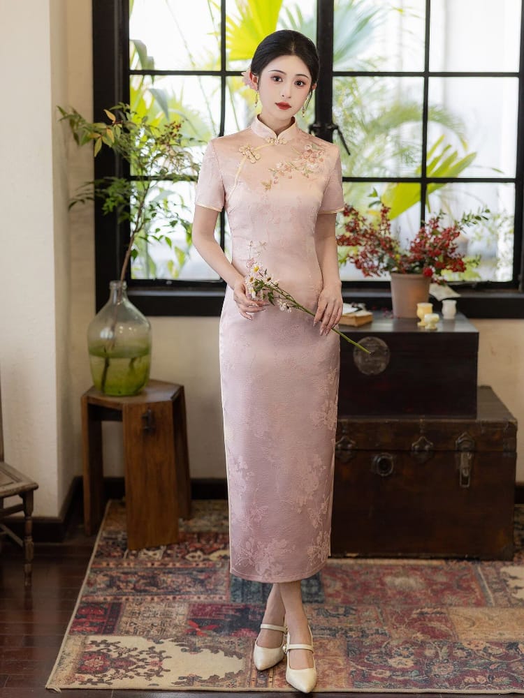 Beth and Brian Qipao-LSB Floral Embroidery, acetate pink midi Cheongsam