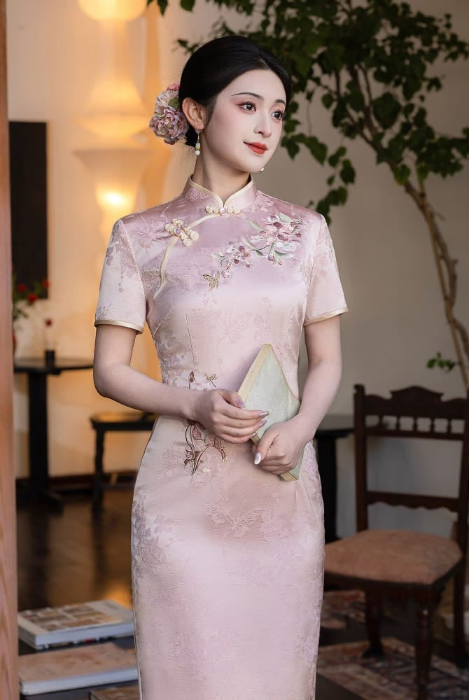 Beth and Brian Qipao-LSB Floral Embroidery, acetate pink midi Cheongsam