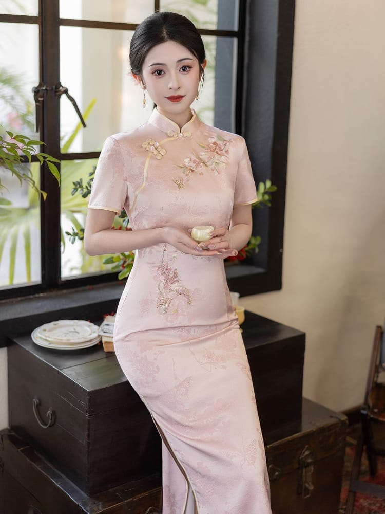 Beth and Brian Qipao-LSB Floral Embroidery, acetate pink midi Cheongsam