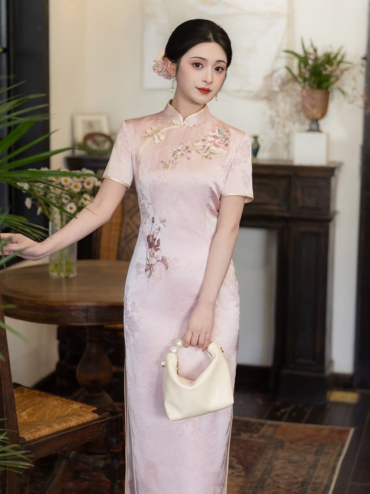 Beth and Brian Qipao-LSB Floral Embroidery, acetate pink midi Cheongsam
