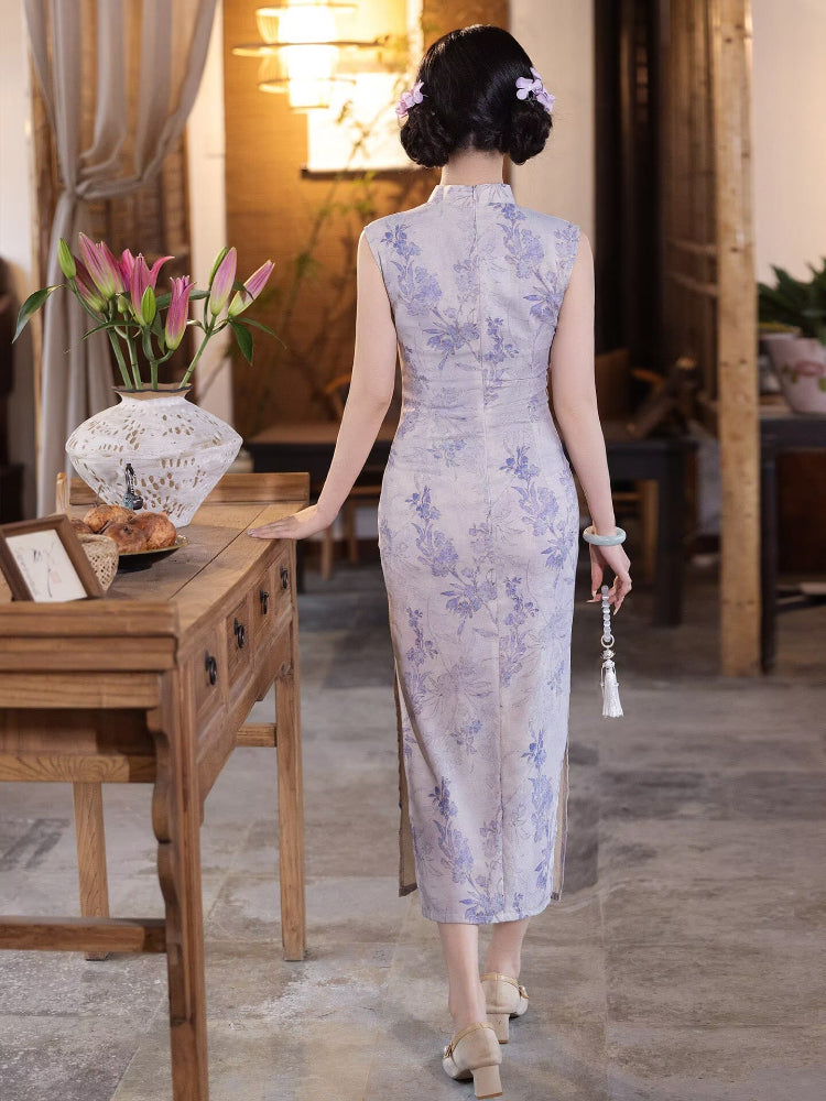 Beth and Brian Qipao-LSB Sleeveless, Cotton&linen fabric, light purple midi Cheongsam