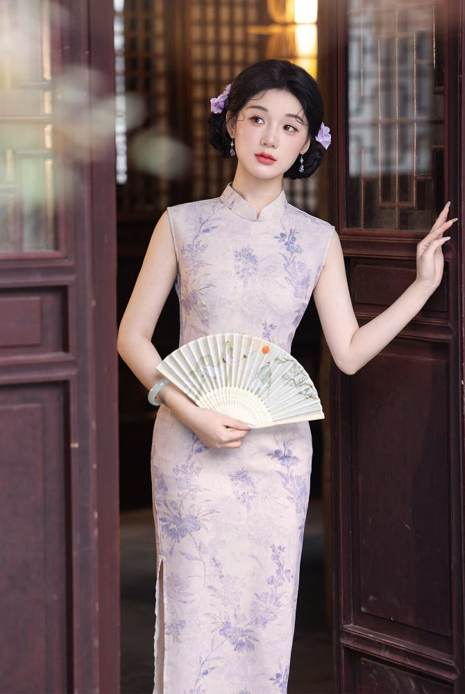 Beth and Brian Qipao-LSB Sleeveless, Cotton&linen fabric, light purple midi Cheongsam