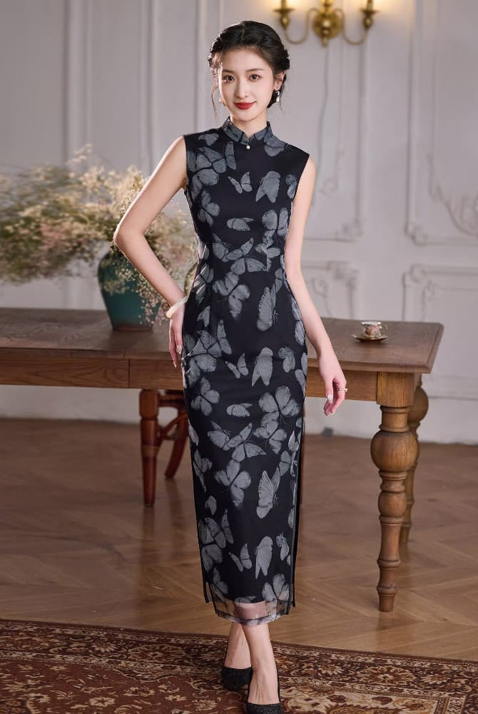 Beth and Brian Qipao-XLY Sleevless, butterfly pattern, black long Cheongsam
