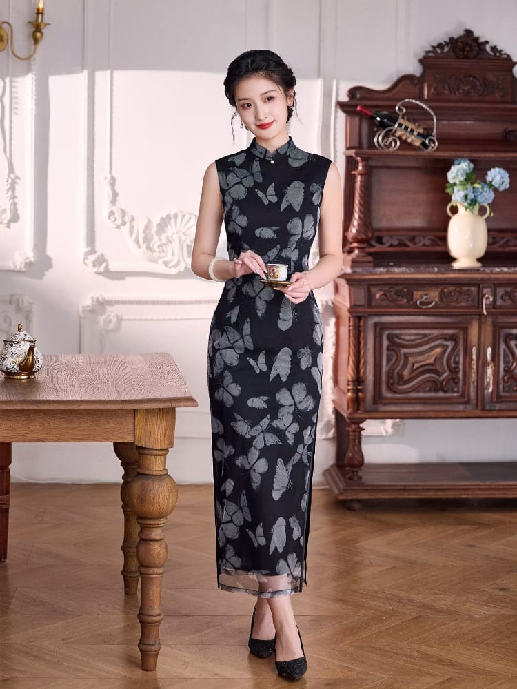 Beth and Brian Qipao-XLY Sleevless, butterfly pattern, black long Cheongsam