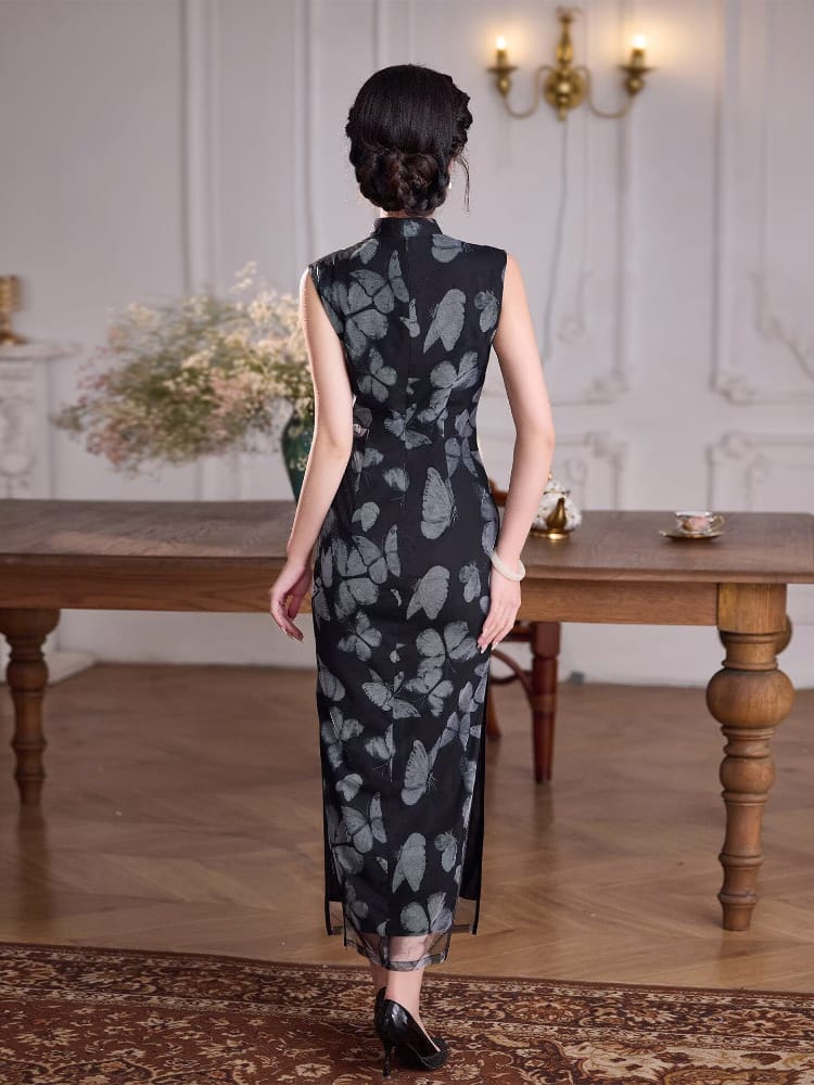 Beth and Brian Qipao-XLY Sleevless, butterfly pattern, black long Cheongsam