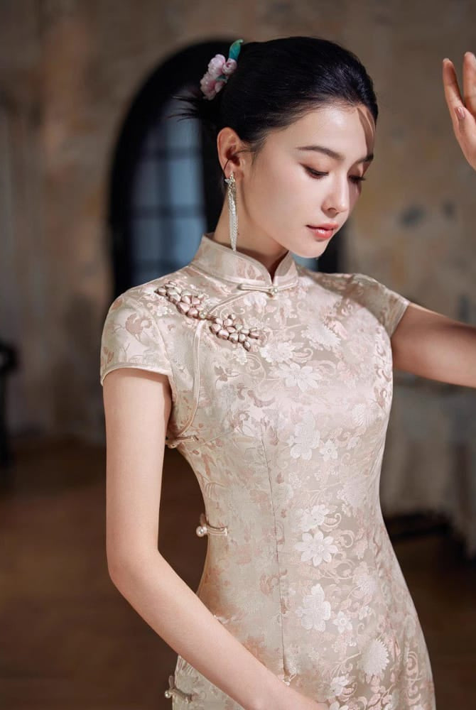 Beth and Brian Qipao-XLY Floral Pattern, Brocade Satin Jacquard, Pink Long Cheongsam