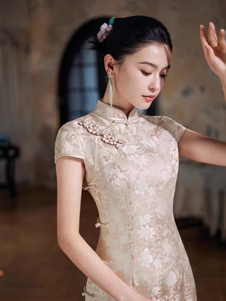 Beth and Brian Qipao-XLY Floral Pattern, Brocade Satin Jacquard, Pink Long Cheongsam
