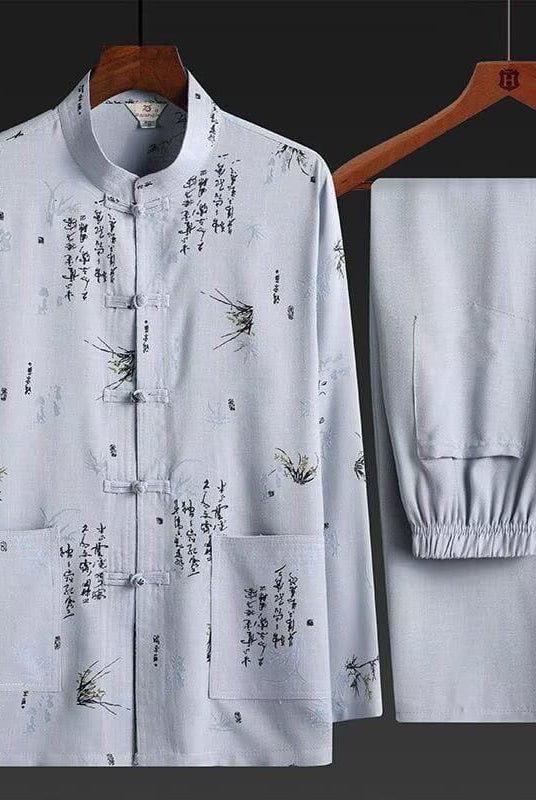 Beth and Brian Qipao-HZ Calligraphy Bamboo Print Outfit Men's Chinese Tang Suit Set