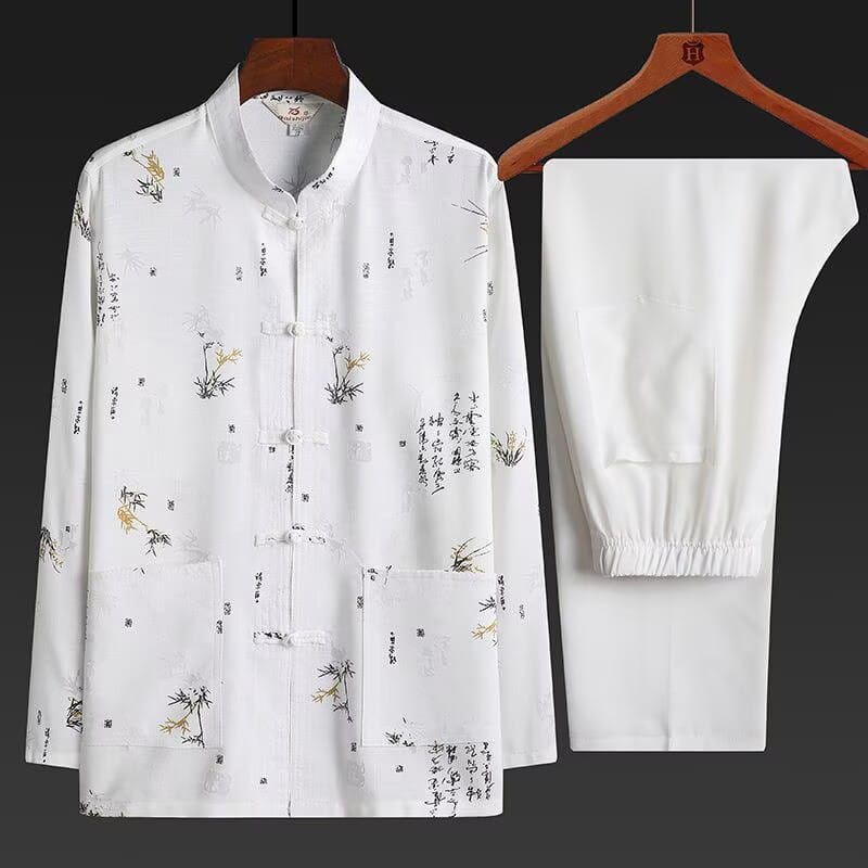 Beth and Brian Qipao-HZ Calligraphy Bamboo Print Outfit Men's Chinese Tang Suit Set