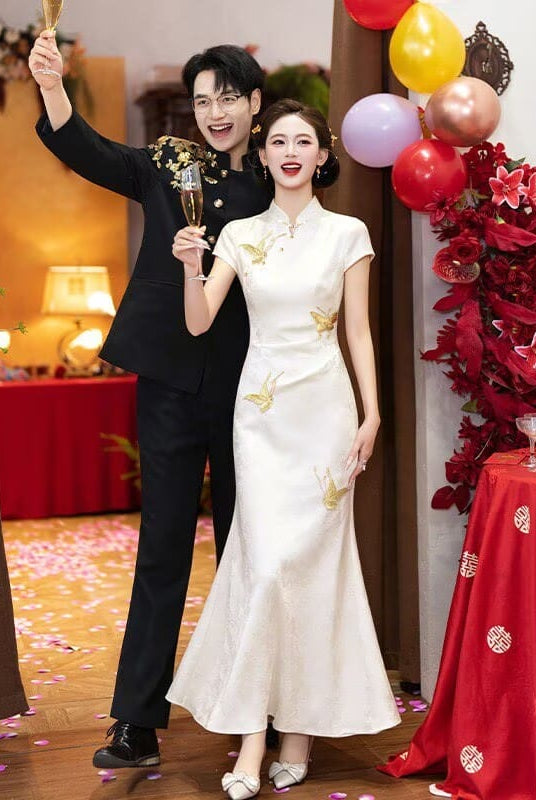 Beth and Brian Qipao-MX Butterfly embroidery, mermaid champagne long Cheongsam