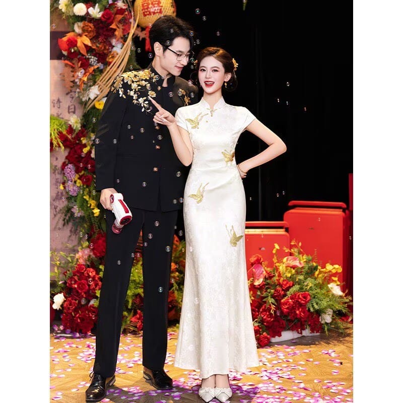 Beth and Brian Qipao-MX Butterfly embroidery, mermaid champagne long Cheongsam