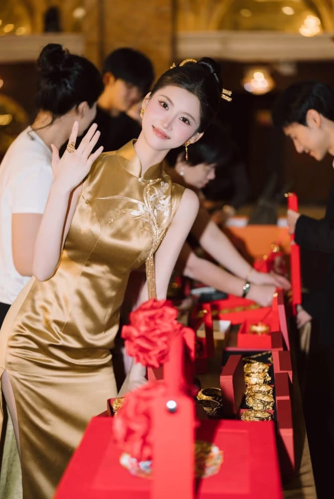 Beth and Brian Qipao-MY Wedding Gold Satin Long Cheongsam / Bespoke Wedding Qipao