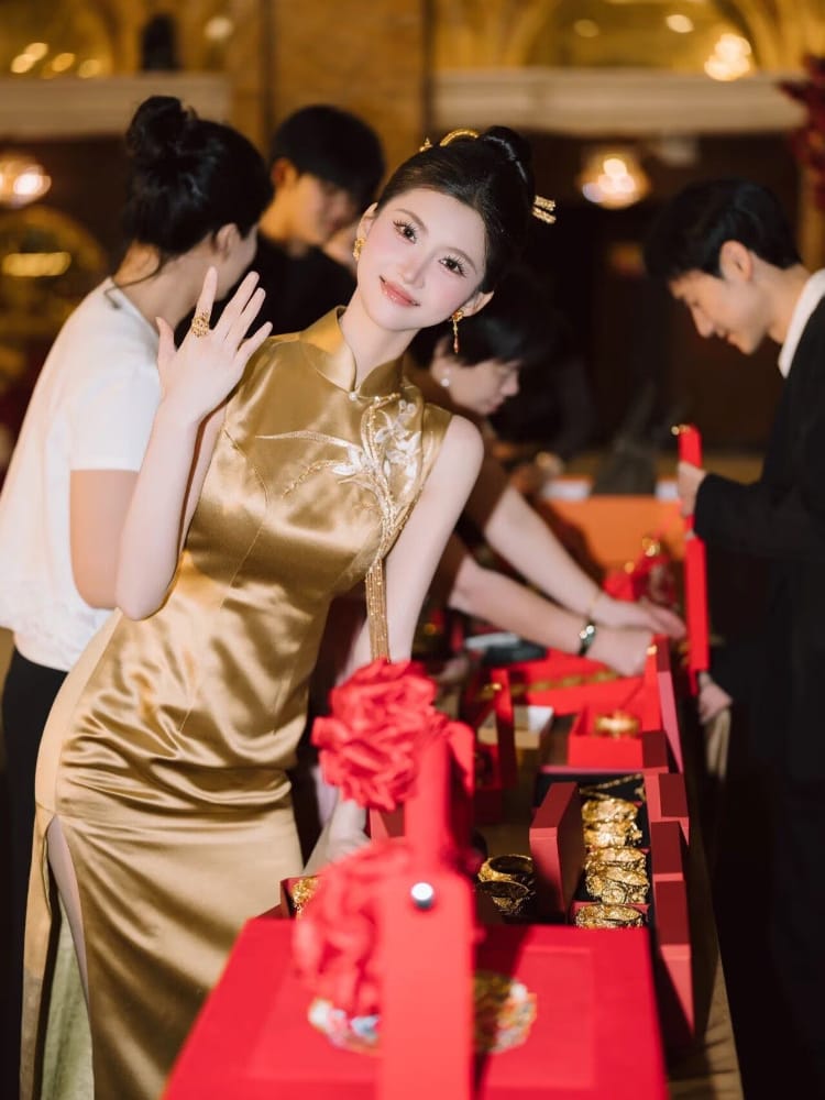 Beth and Brian Qipao-MY Wedding Gold Satin Long Cheongsam / Bespoke Wedding Qipao