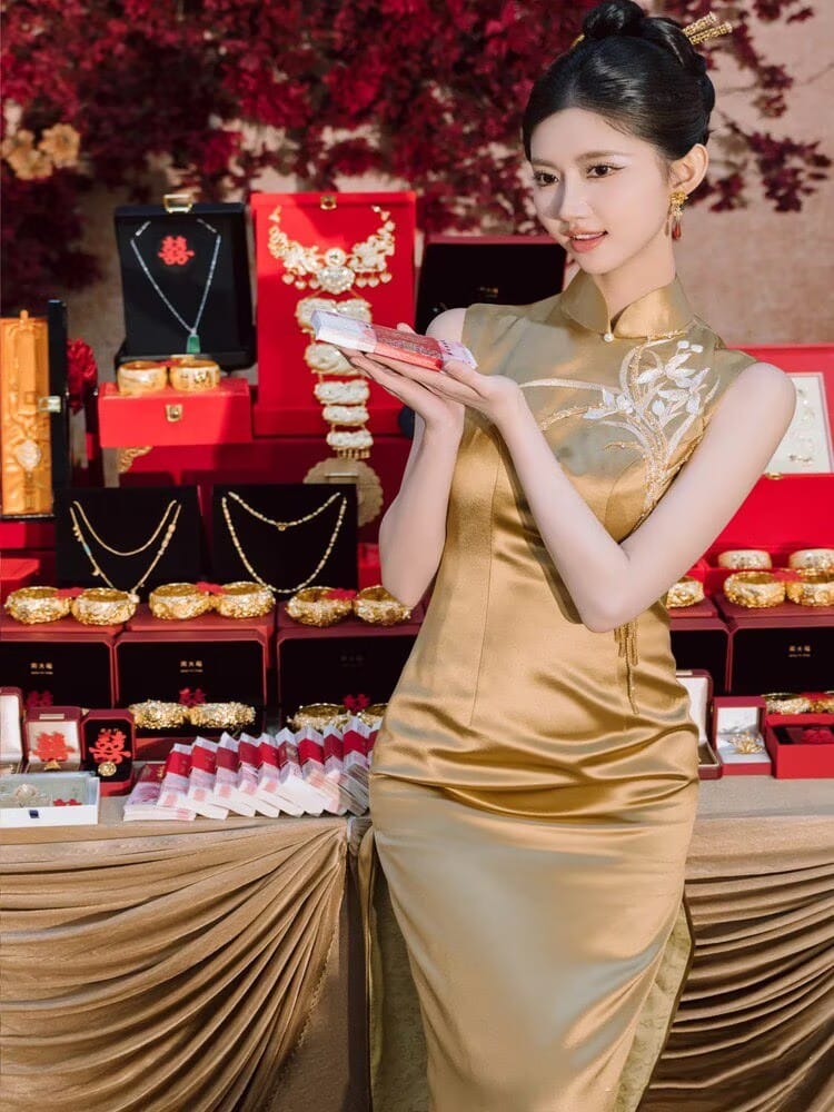Beth and Brian Qipao-MY Wedding Gold Satin Long Cheongsam / Bespoke Wedding Qipao