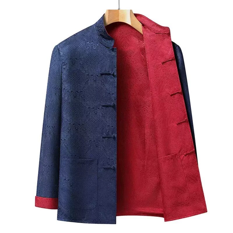 Beth and Brian Qipao-KP Reversible Chinese Tang Suit Jacket, Double-Sided Sea Wave Mandarin Collar Coat for Dad