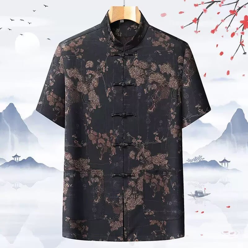 Beth and Brian Qipao-CJ Men's Mandarin Collar Tang Shirt, Vintage Chinese Landscape Crane Print Traditional Top