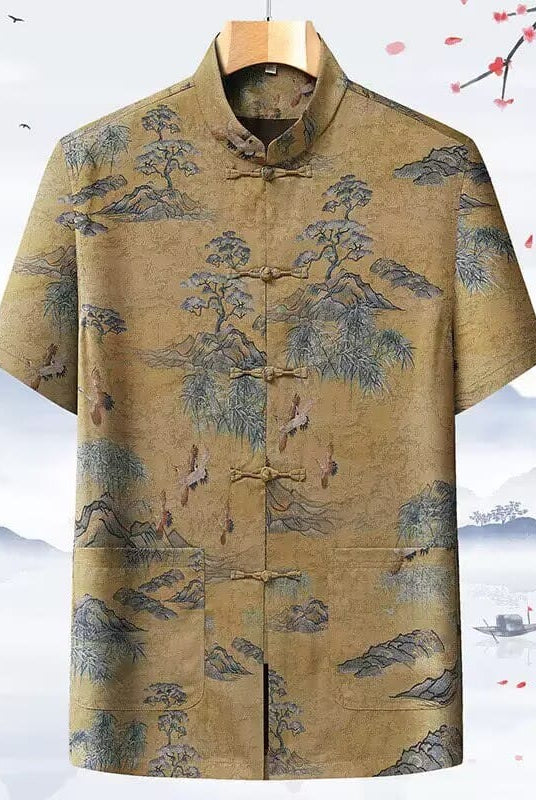 Beth and Brian Qipao-CJ Men's Mandarin Collar Tang Shirt, Vintage Chinese Landscape Crane Print Traditional Top