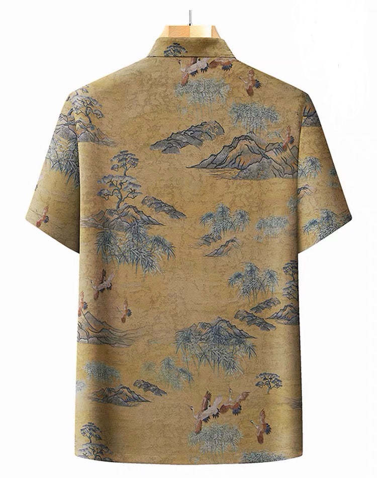 Beth and Brian Qipao-CJ Men's Mandarin Collar Tang Shirt, Vintage Chinese Landscape Crane Print Tang Shirt
