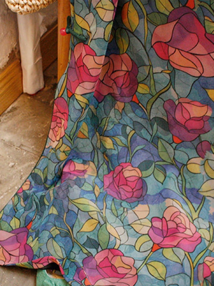 Beth and Brian Qipao-LSB Teal Blue Vintage Rose Print Qipao - Side Slit Midi Dress for Women