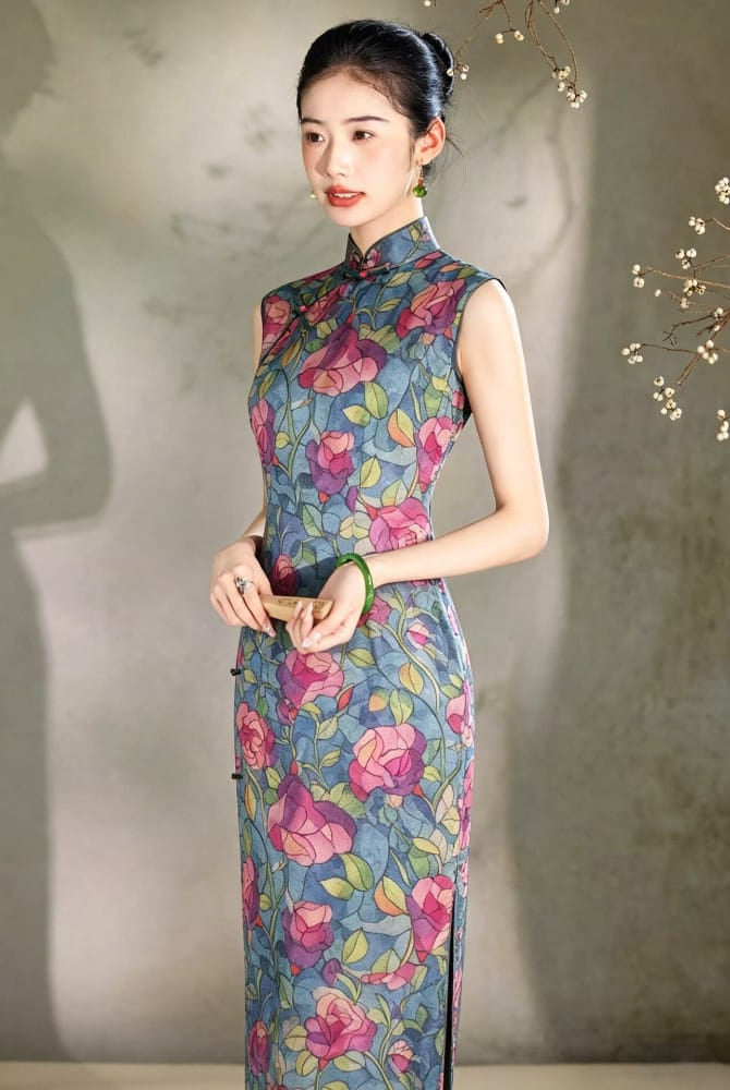 Beth and Brian Qipao-LSB Teal Blue Vintage Rose Print Qipao - Side Slit Midi Dress for Women