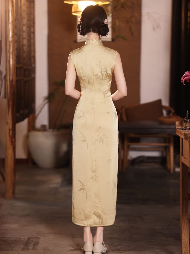 Beth and Brian Qipao-LSB Sleeveless, bamboo leaf print, gold midi Cheongsam