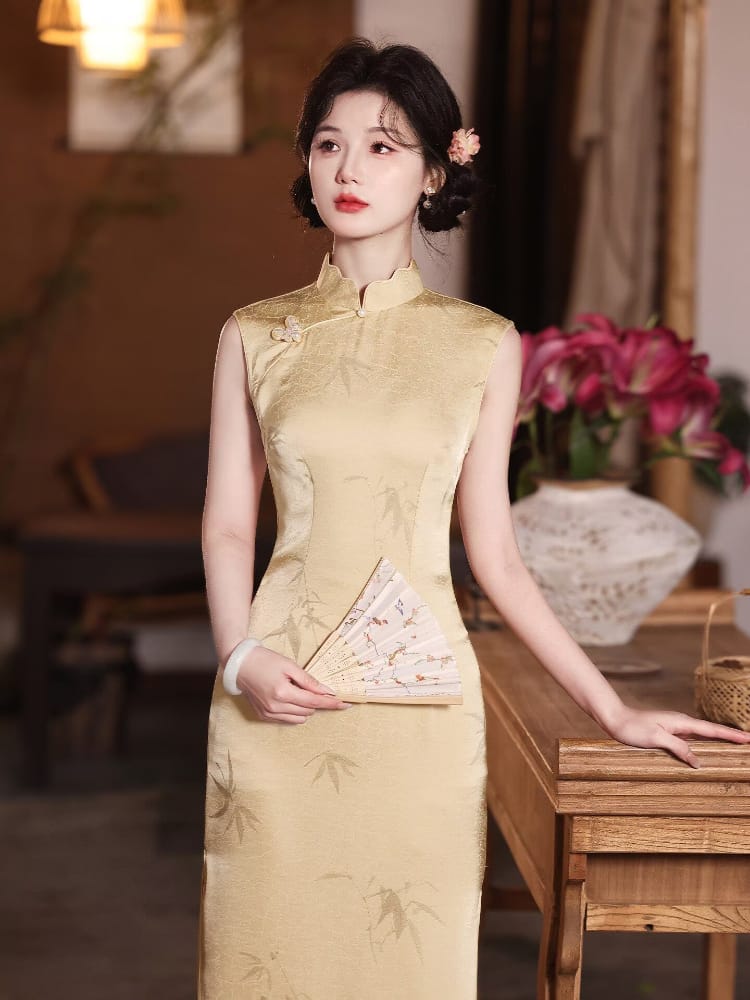 Beth and Brian Qipao-LSB Sleeveless, bamboo leaf print, gold midi Cheongsam