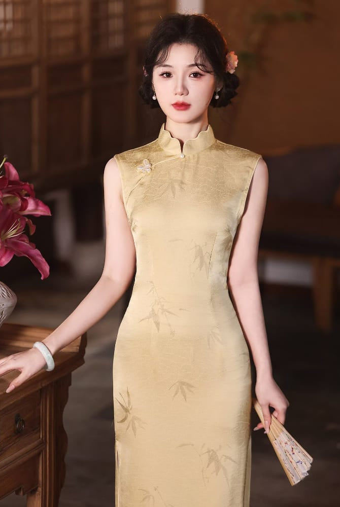 Beth and Brian Qipao-LSB Sleeveless, bamboo leaf print, gold midi Cheongsam