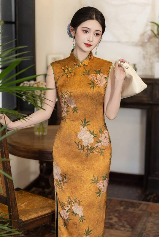 Beth and Brian Qipao-LSB Peach Blossom Print, Gold long Cheongsam