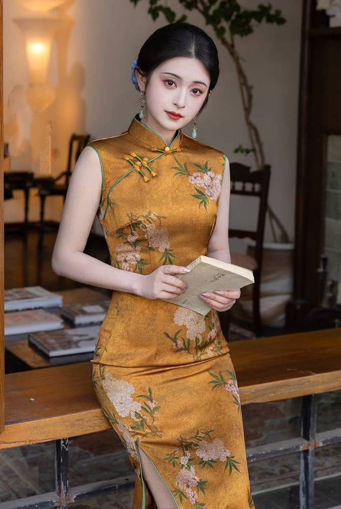 Beth and Brian Qipao-LSB Peach Blossom Print, Gold long Cheongsam