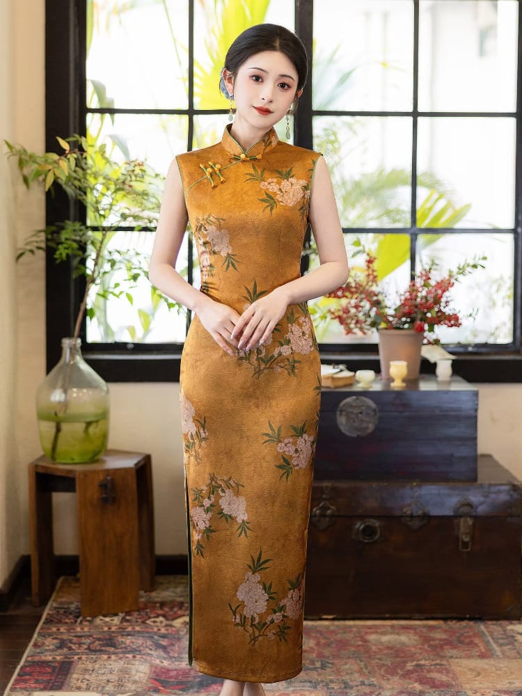 Beth and Brian Qipao-LSB Peach Blossom Print, Gold long Cheongsam