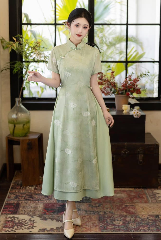 Beth and Brian Qipao-LSB Floral Pattern, High-stretch double-layer mesh fabric, Green Midi Ao dai