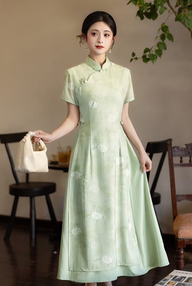 Beth and Brian Qipao-LSB Floral Pattern, High-stretch double-layer mesh fabric, Green Midi Ao dai