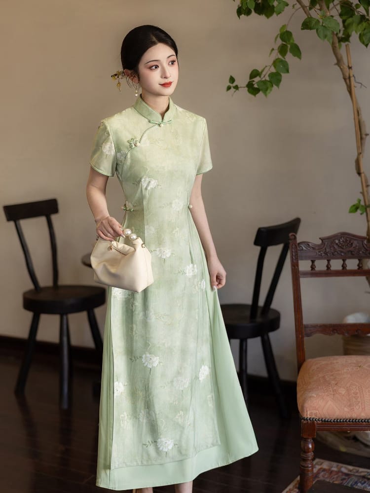 Beth and Brian Qipao-LSB Floral Pattern, High-stretch double-layer mesh fabric, Green Midi Ao dai